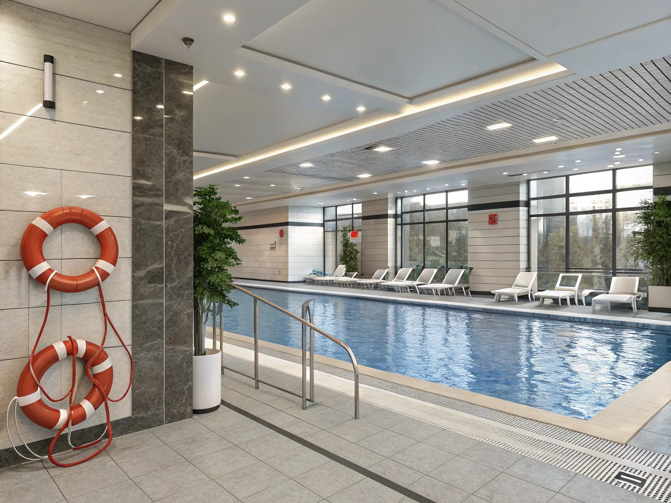 Moderne poolområde med sikkerhedsudstyr